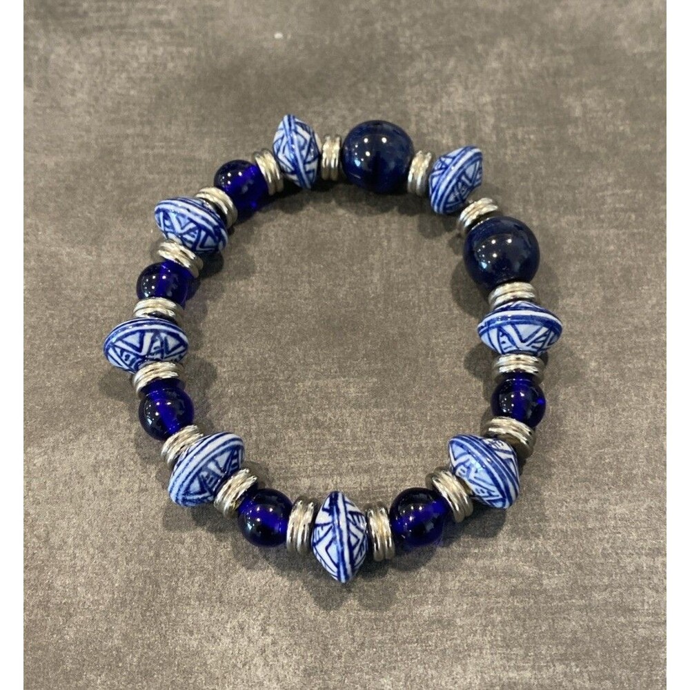 Chinoiserie Blue Bracelet White Silver Stretch Porcelain Beads